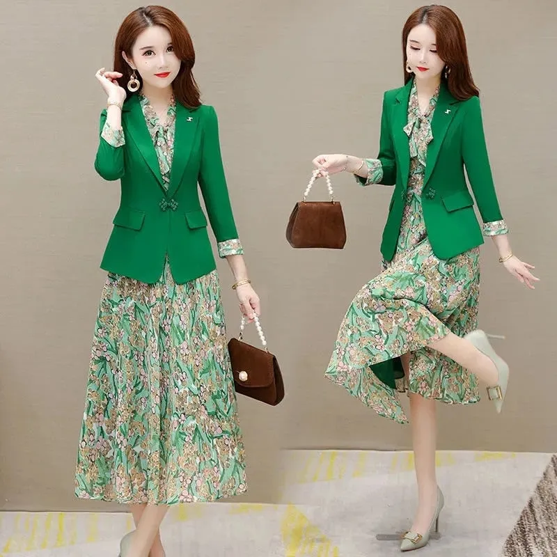 2022 Spring Autumn New Suit Jacket Dress Two-piece Women&#39;s Elegant Blazers Floral Long Skirt Set Female Office Professional Wear