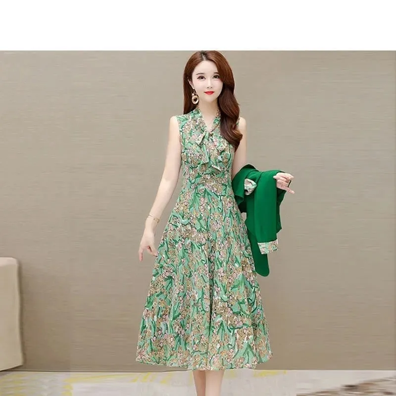 2022 Spring Autumn New Suit Jacket Dress Two-piece Women&#39;s Elegant Blazers Floral Long Skirt Set Female Office Professional Wear