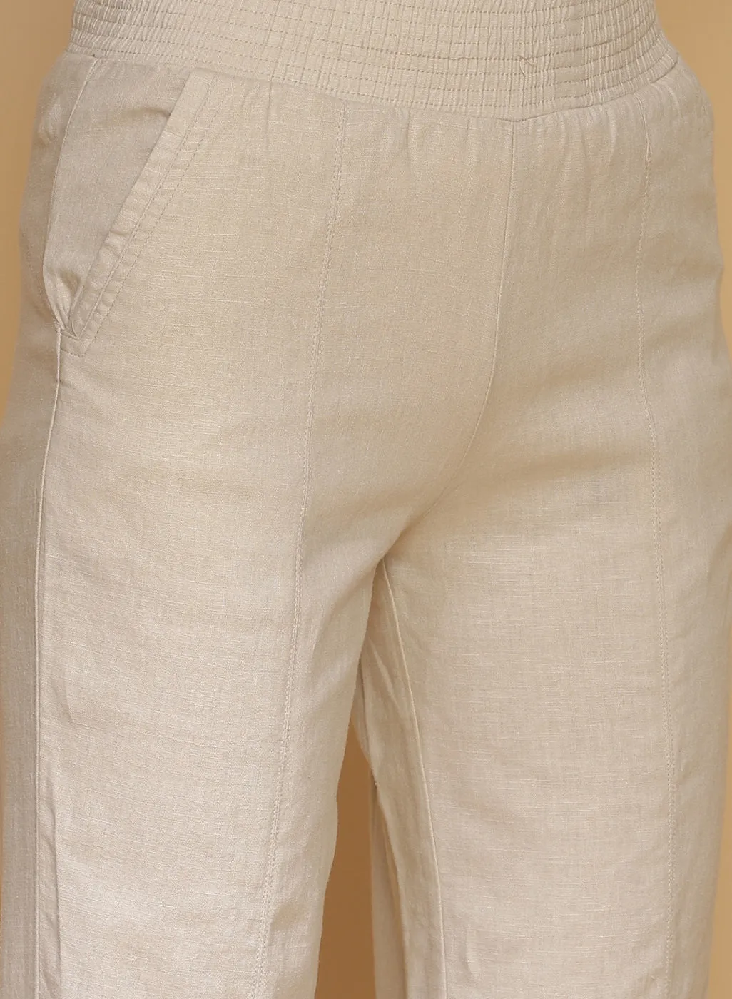 Akiya D.Beige Cotton Linen Relaxed Fit Pants for Women