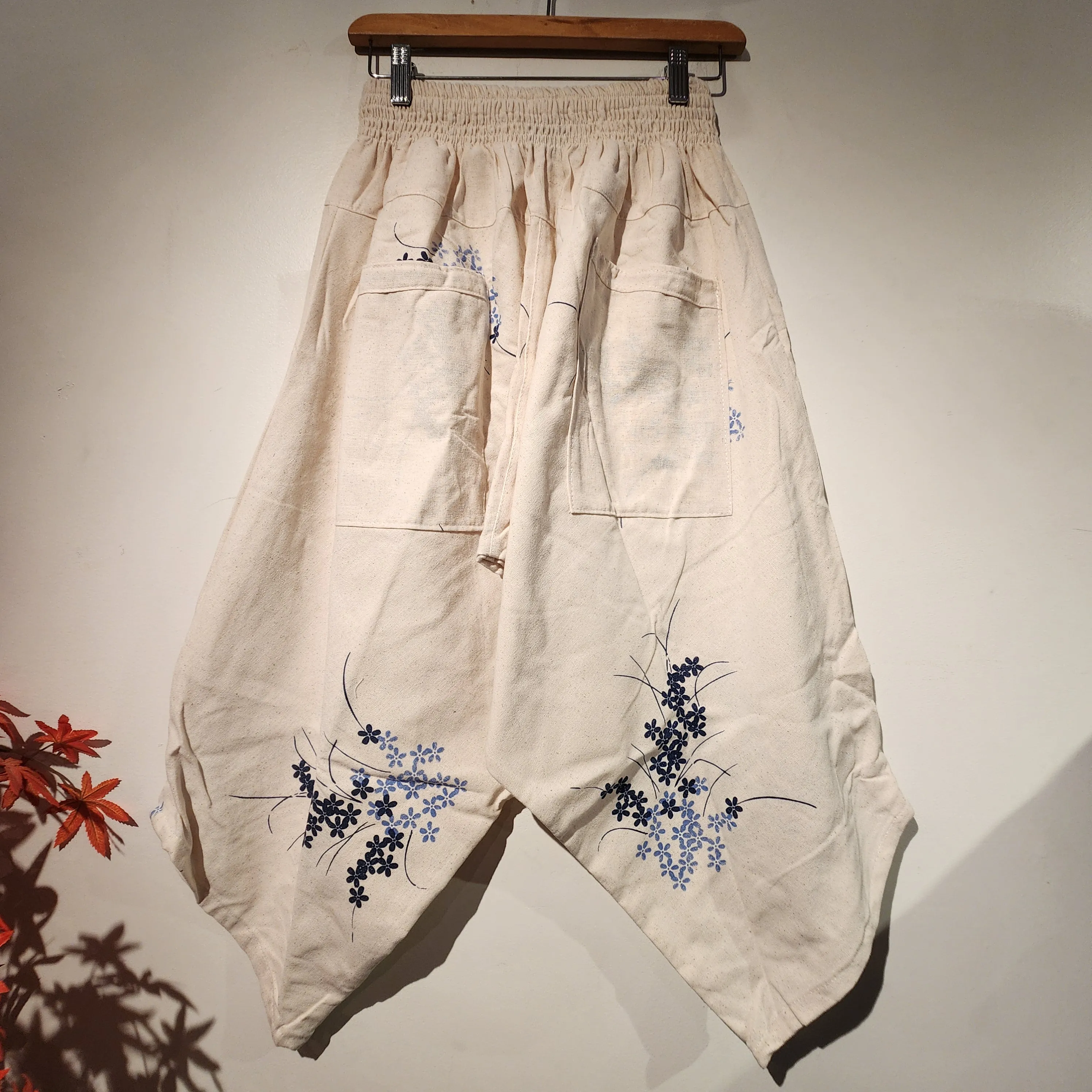 All Blue Flowers Natural Elastic Waist Samurai Pants