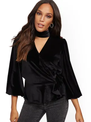 Black Velvet Mock-Neck Wrap Top