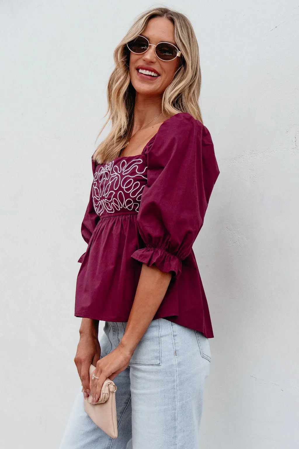 Burgundy Floral Print Textured Blouse