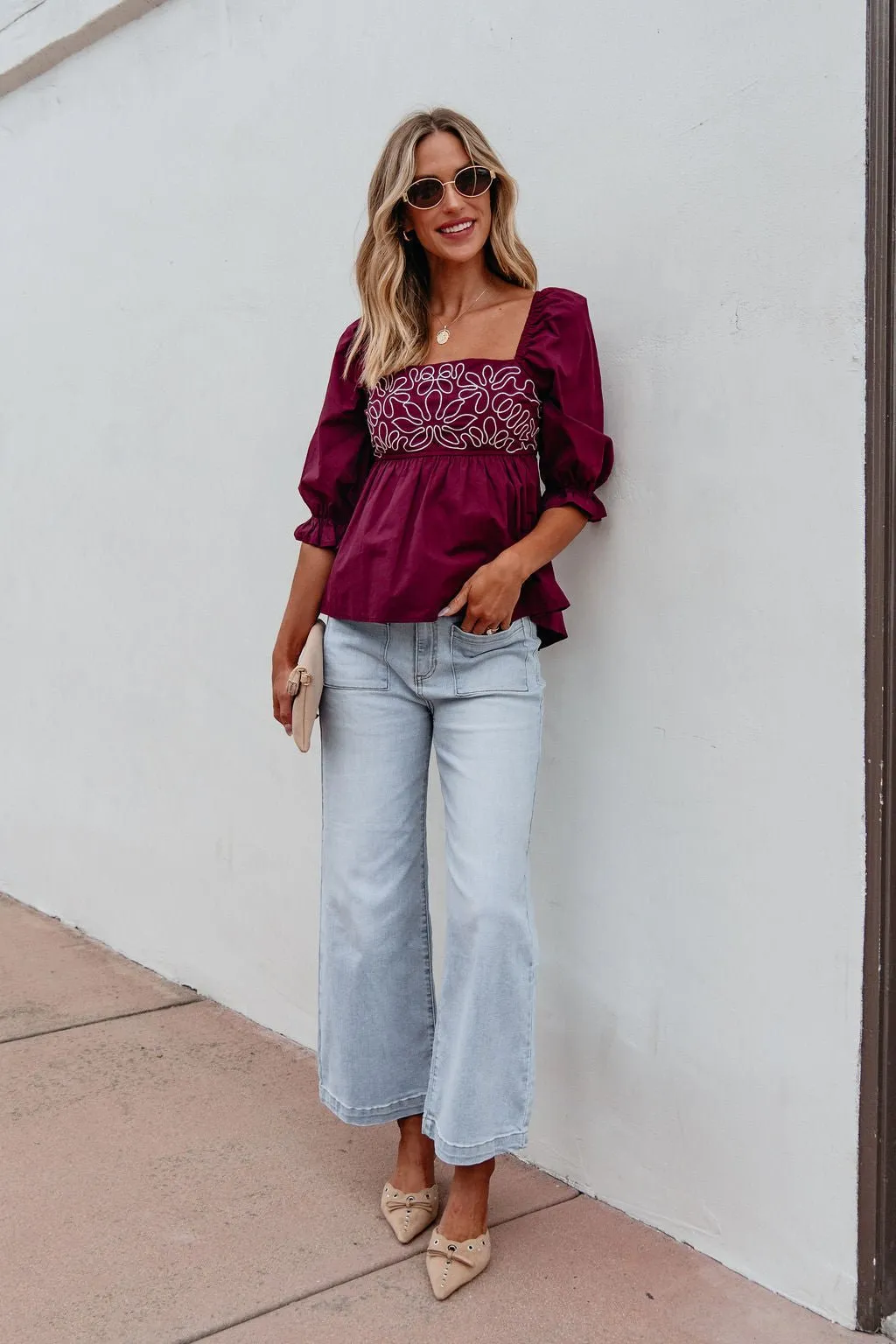 Burgundy Floral Print Textured Blouse