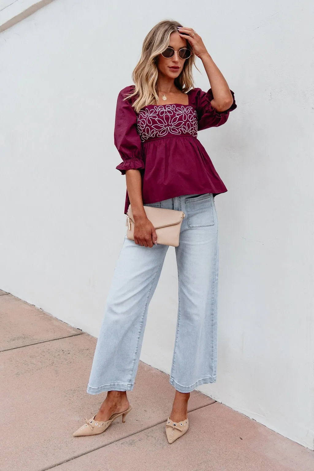 Burgundy Floral Print Textured Blouse