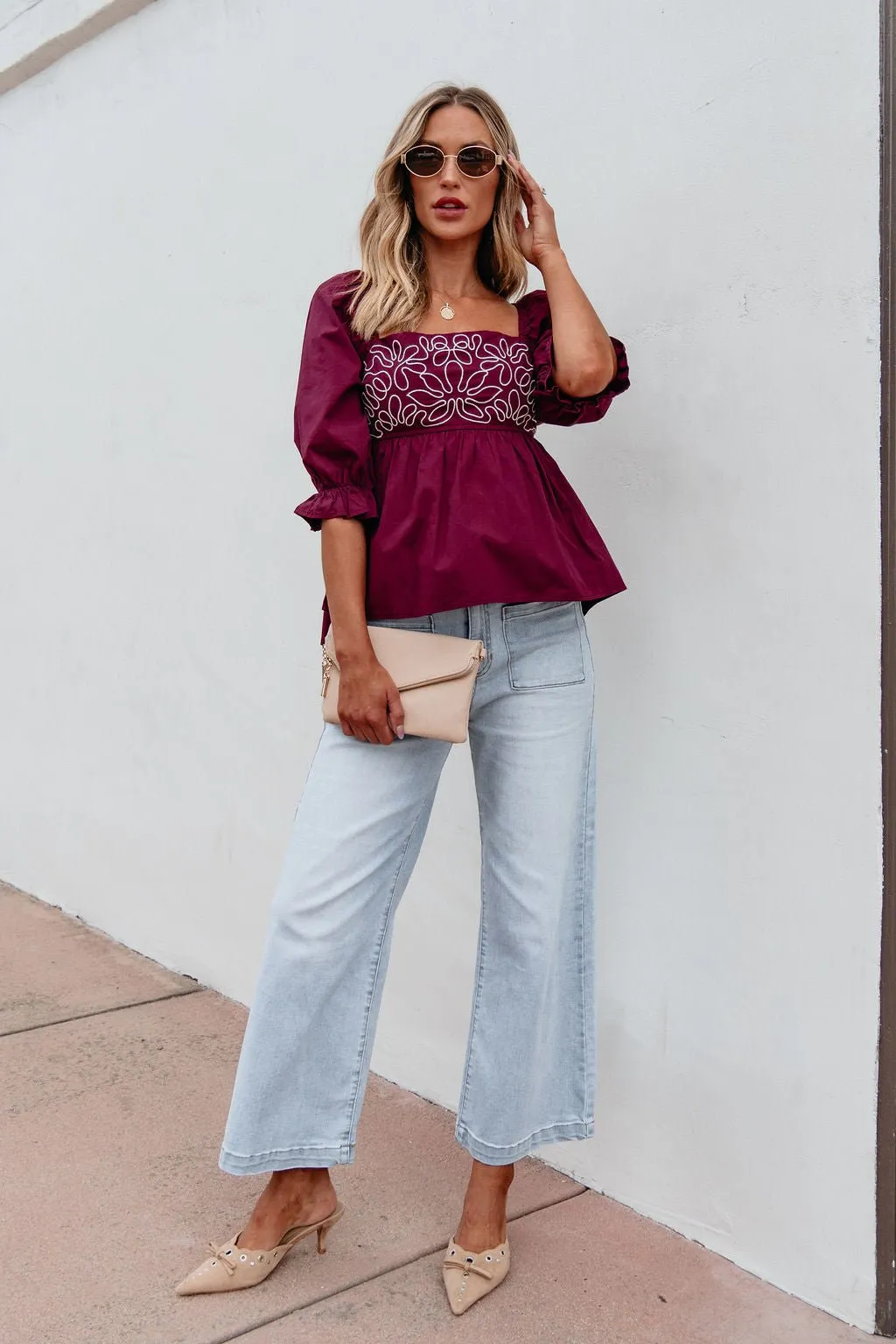 Burgundy Floral Print Textured Blouse