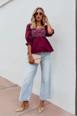 Burgundy Floral Print Textured Blouse