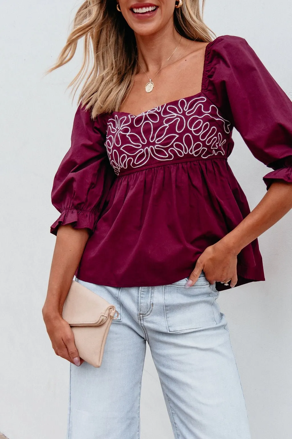 Burgundy Floral Print Textured Blouse