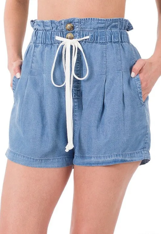 Chambray Ruffle Waist Shorts