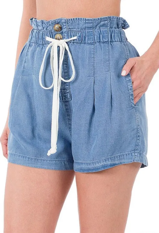 Chambray Ruffle Waist Shorts