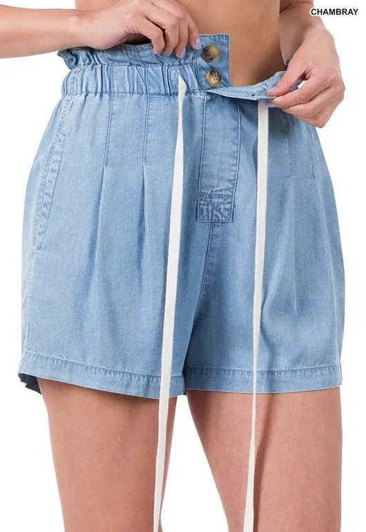 Chambray Ruffle Waist Shorts