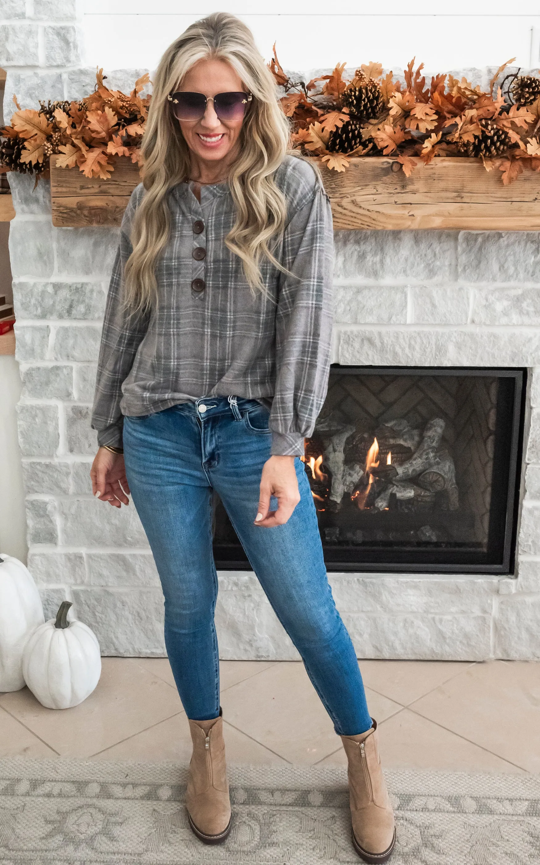 Comfortably Cozy Plaid Button Front - Charcoal