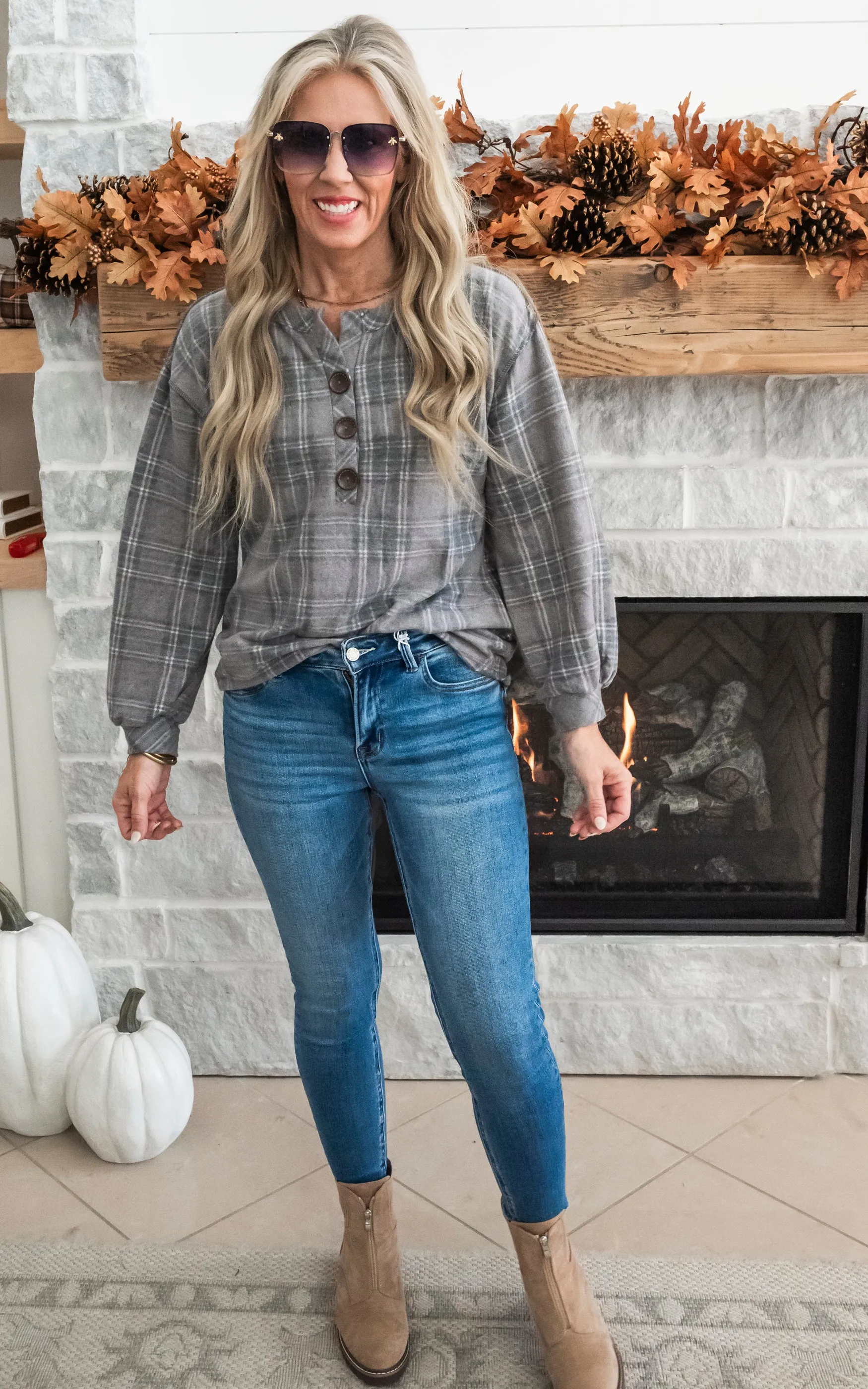 Comfortably Cozy Plaid Button Front - Charcoal