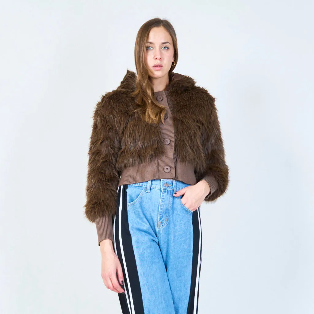 Cropped faux fur jacket with ribbed knit details wholesale