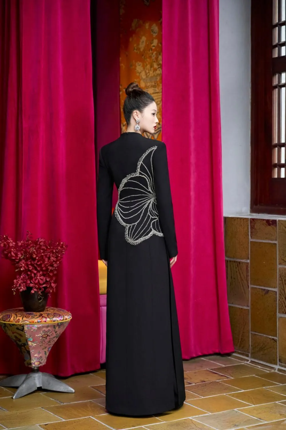 Distnx A-line Back Zipper Velvet Satin Floor Length Ao Dai