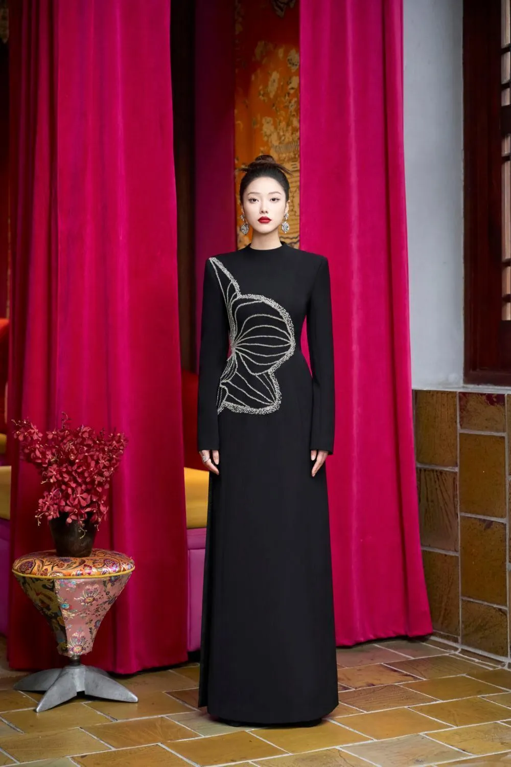 Distnx A-line Back Zipper Velvet Satin Floor Length Ao Dai