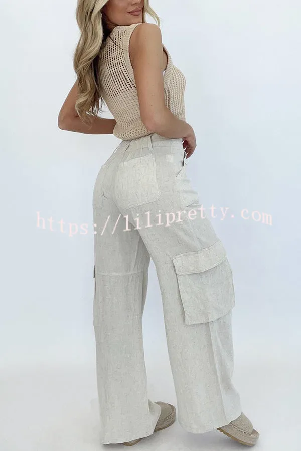 Effortless Beachy Linen Blend Drawstring Waist Pocket Utility Wide Leg Pants