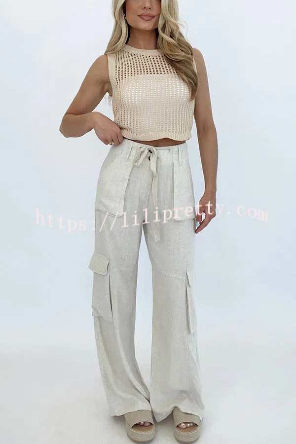 Effortless Beachy Linen Blend Drawstring Waist Pocket Utility Wide Leg Pants