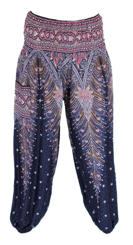 Feather Design  Straight Leg Harem Pants in Navy Blue