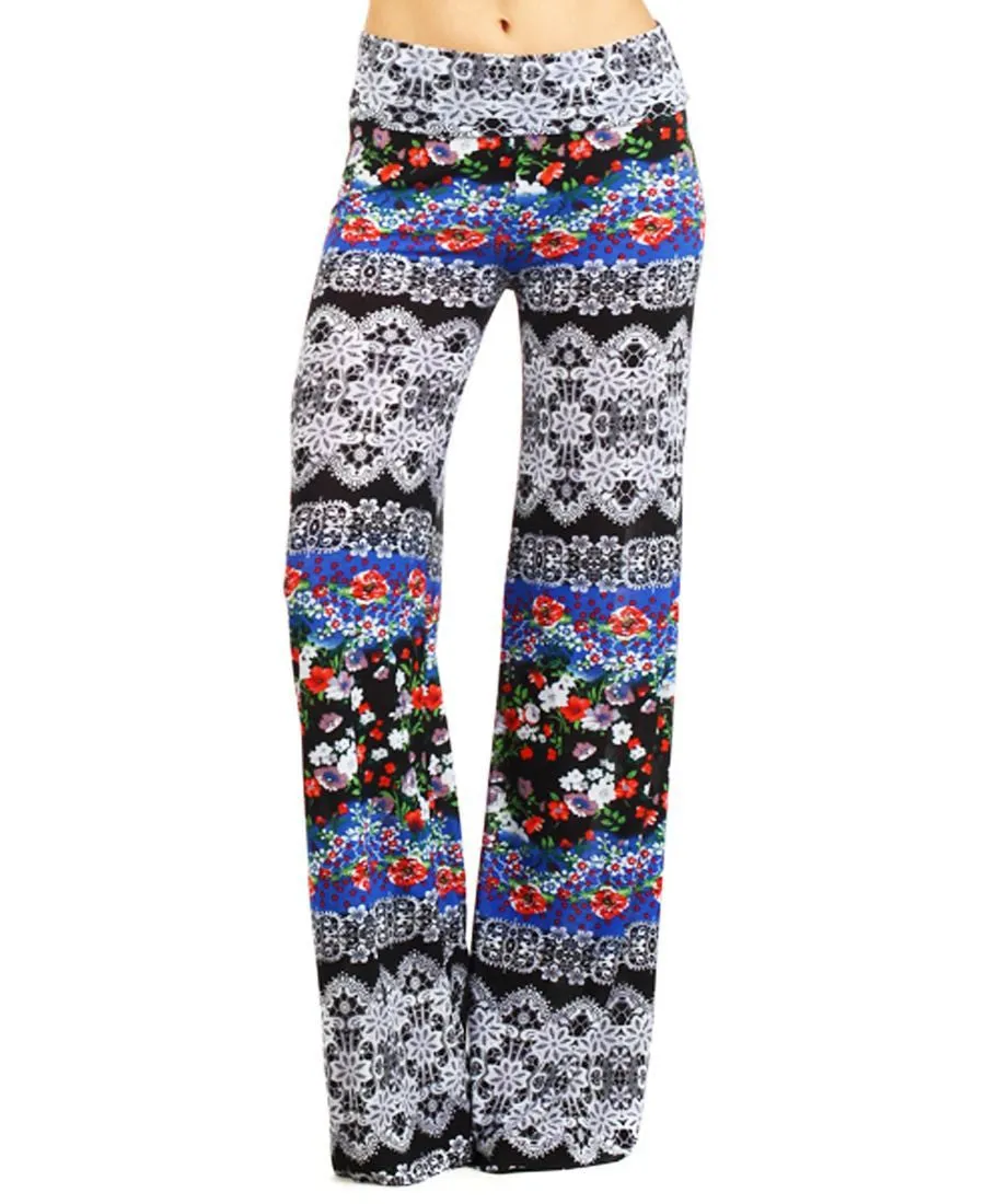 Foldover Palazzo Pants Bohemian Floral Blue Black