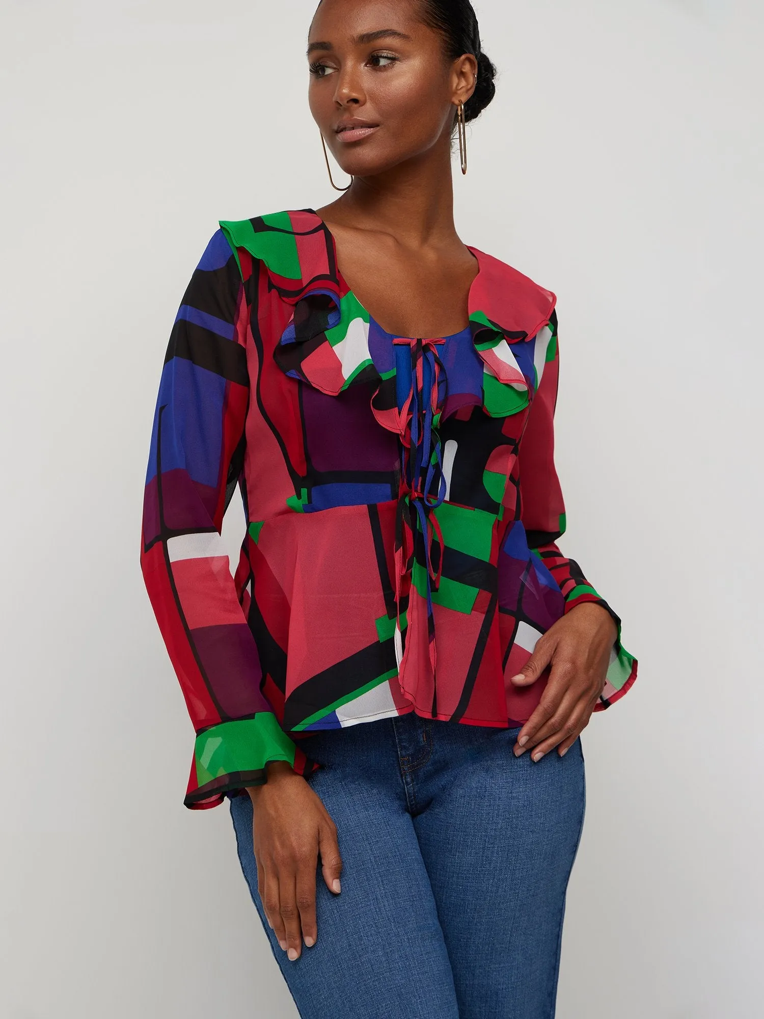 Geometric-Print Tie-Front Ruffle Blouse