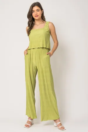 Green Waist Elastic Band Pleated Pants