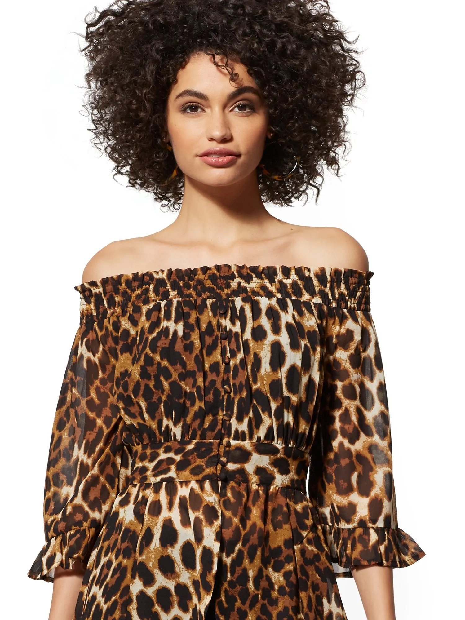 Leopard-Print Off-The-Shoulder Hi-Lo Blouse