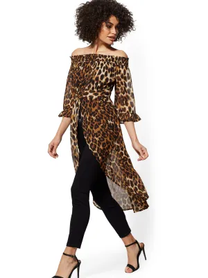 Leopard-Print Off-The-Shoulder Hi-Lo Blouse