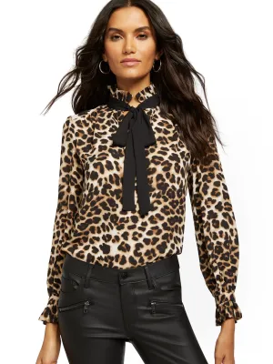 Leopard-Print Ruffled Bow-Accent Blouse