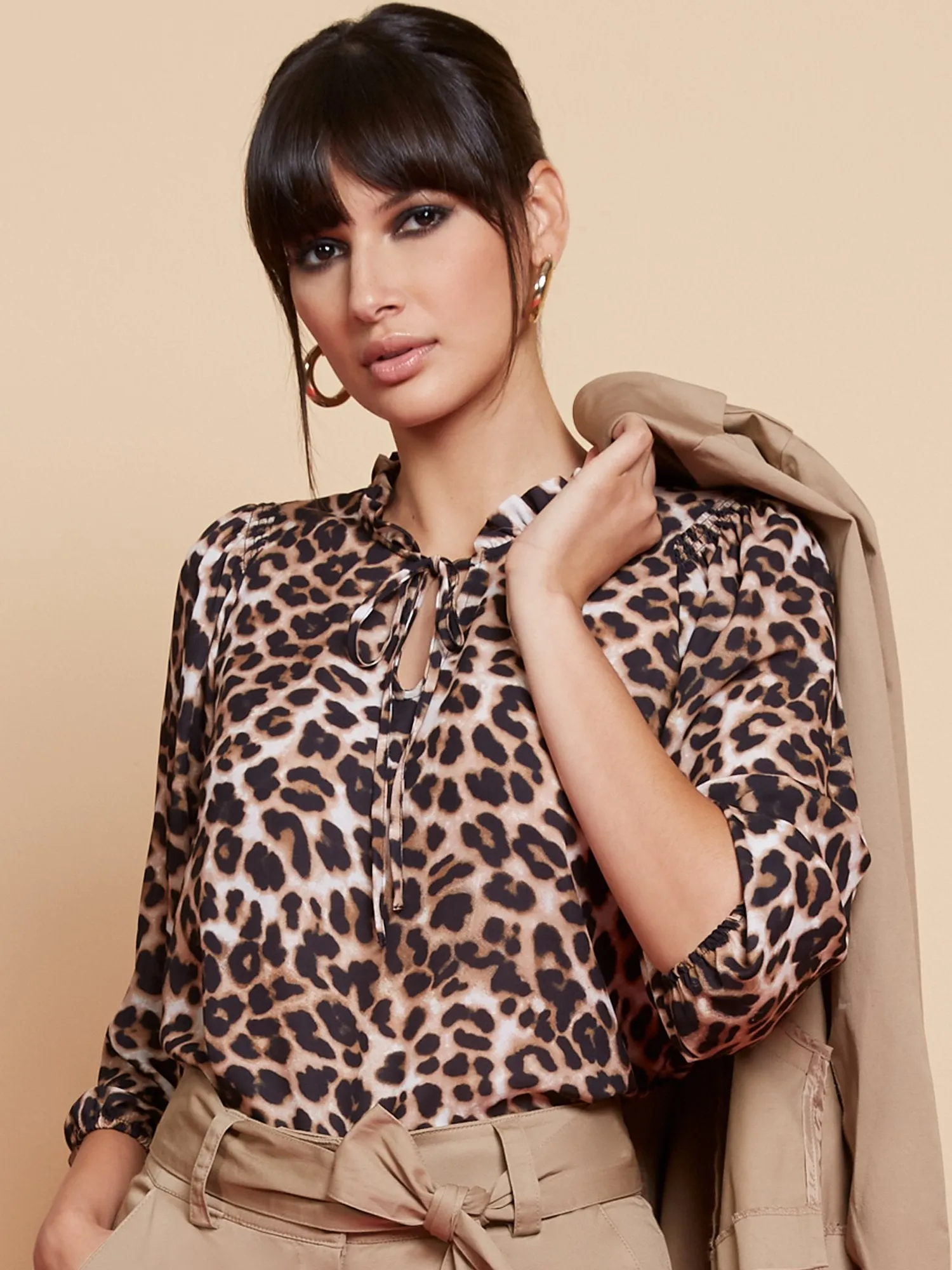 Leopard-Print Smocked Shoulder Blouse