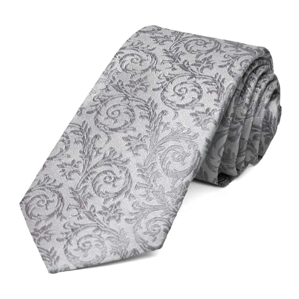 Light Silver Groom Floral Silk Slim Necktie, 2.5" Width