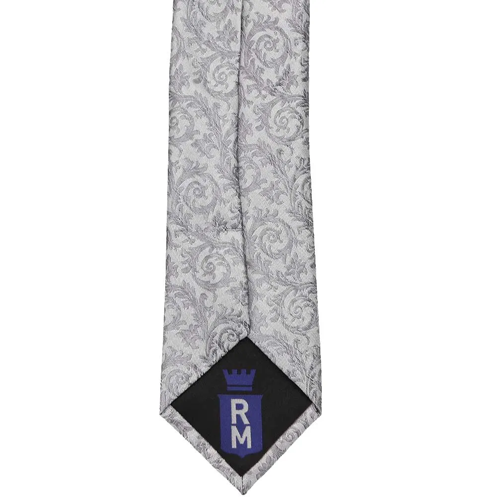 Light Silver Groom Floral Silk Slim Necktie, 2.5" Width