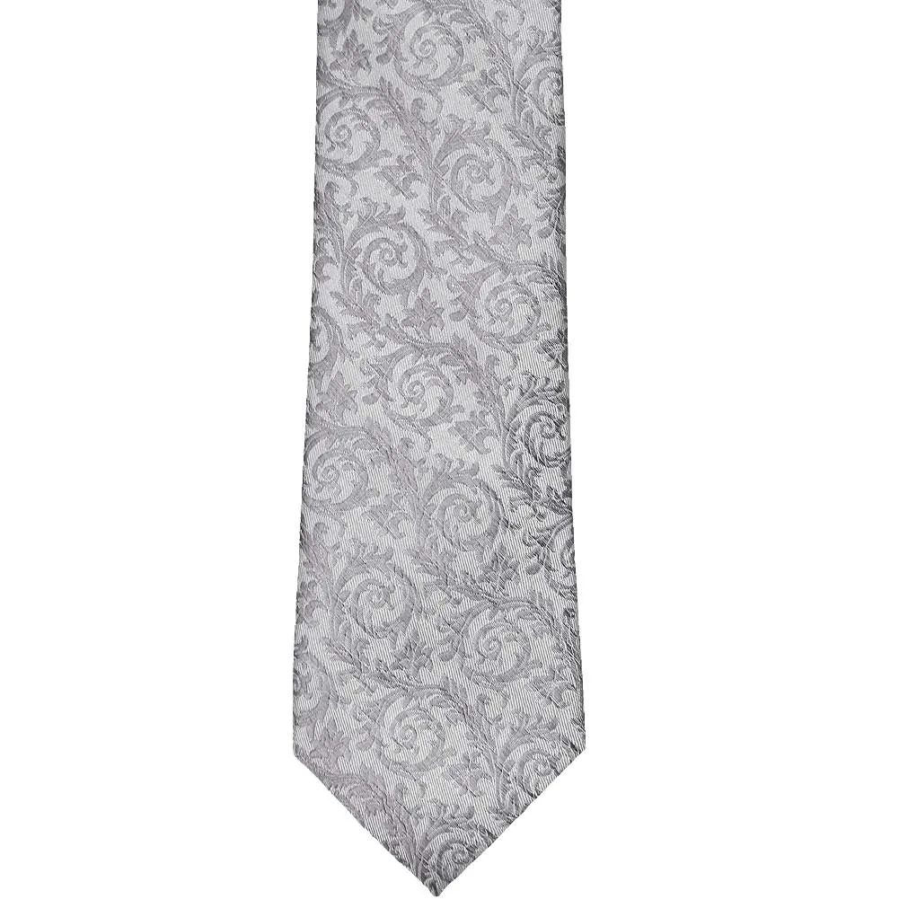 Light Silver Groom Floral Silk Slim Necktie, 2.5" Width