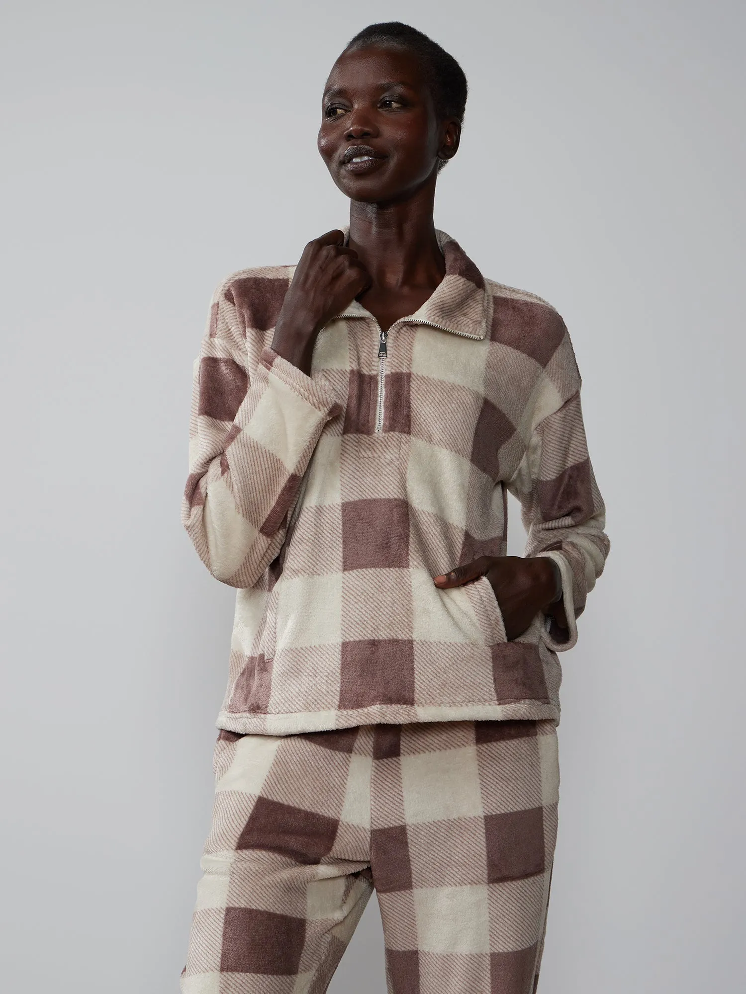 Long Sleeve Plaid Sherpa Pullover