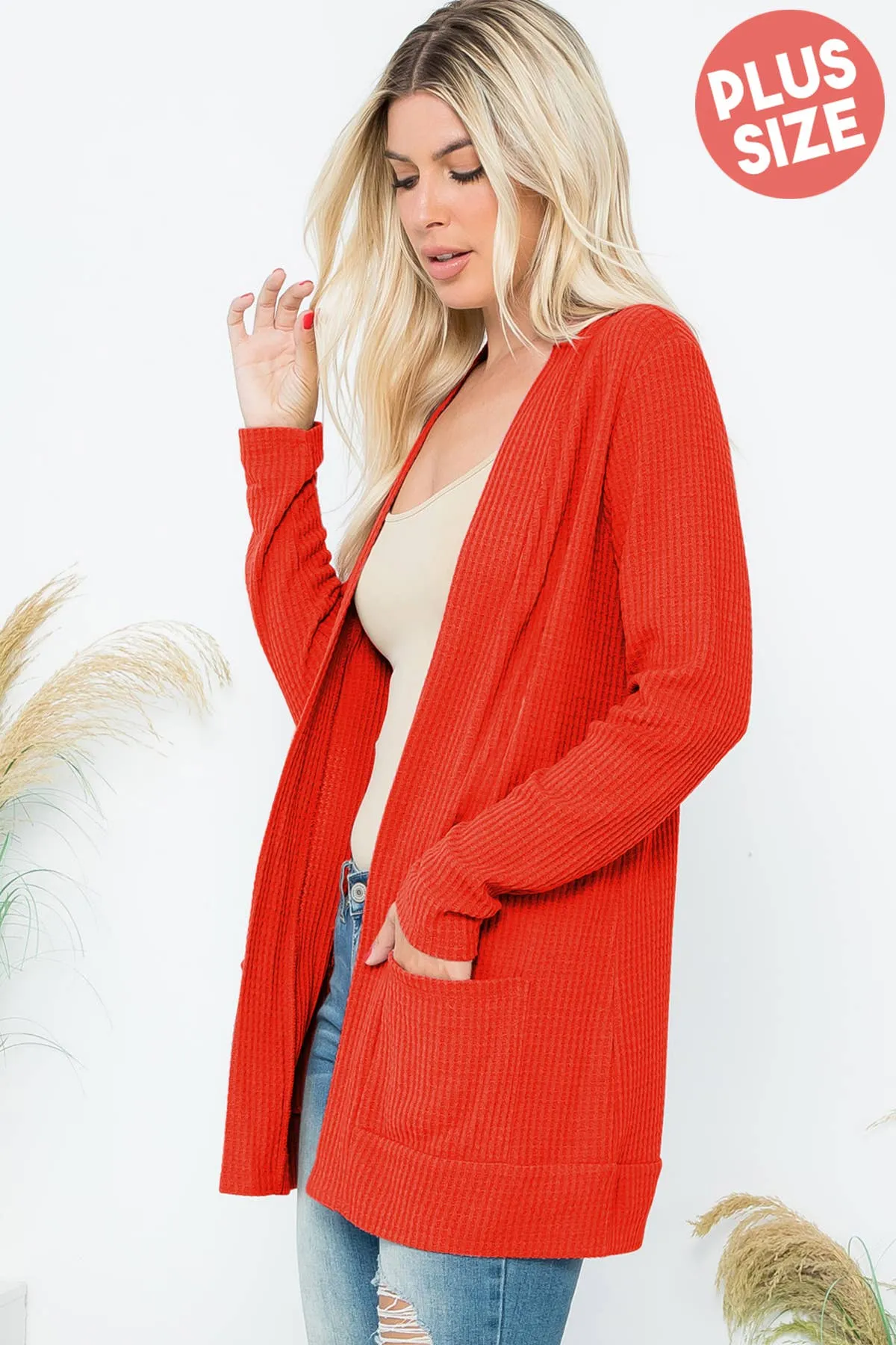 Long Sleeve Waffle Print Cozy Cardigan - Rust