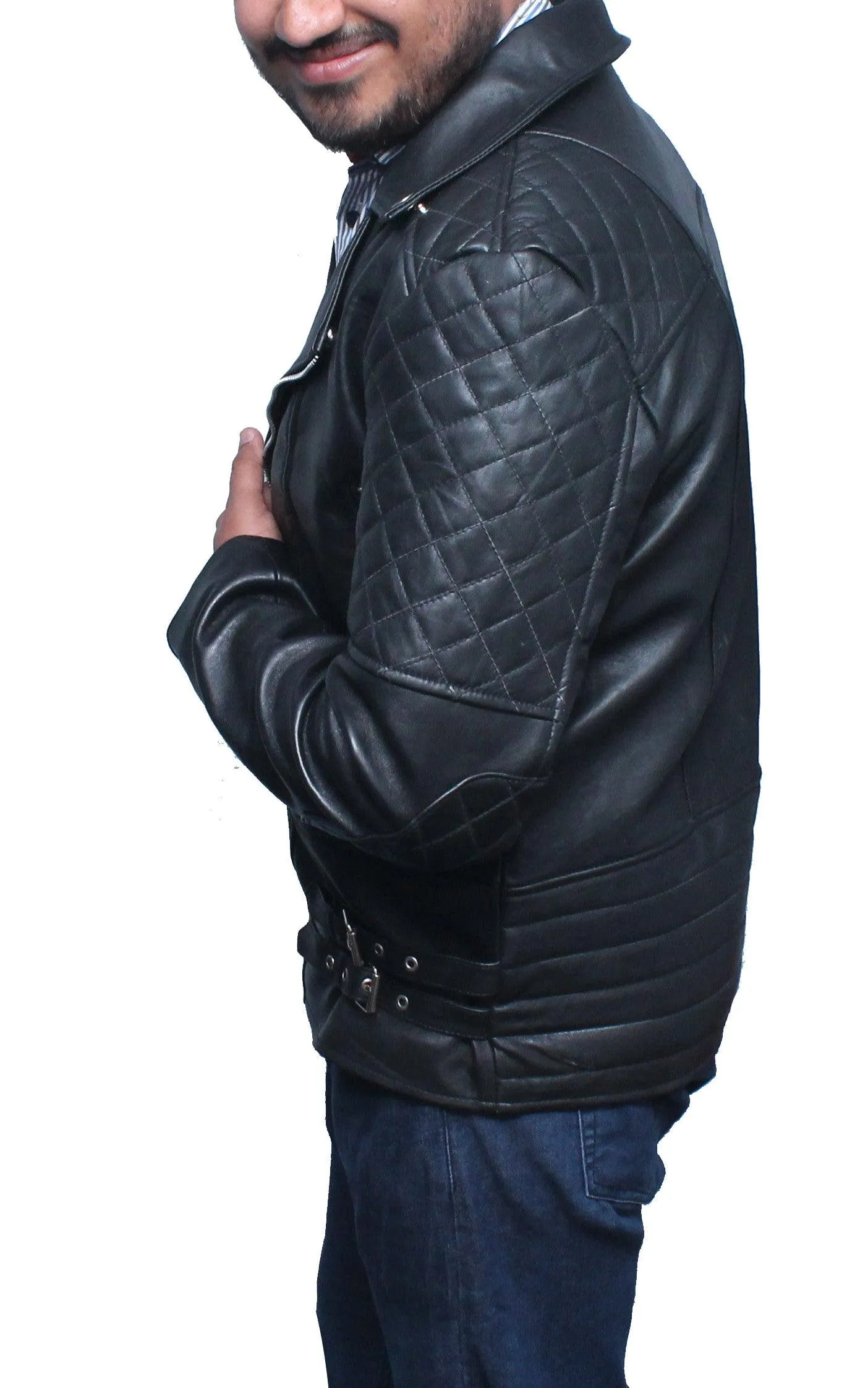 Men Classic Biker Leather Jacket - Black