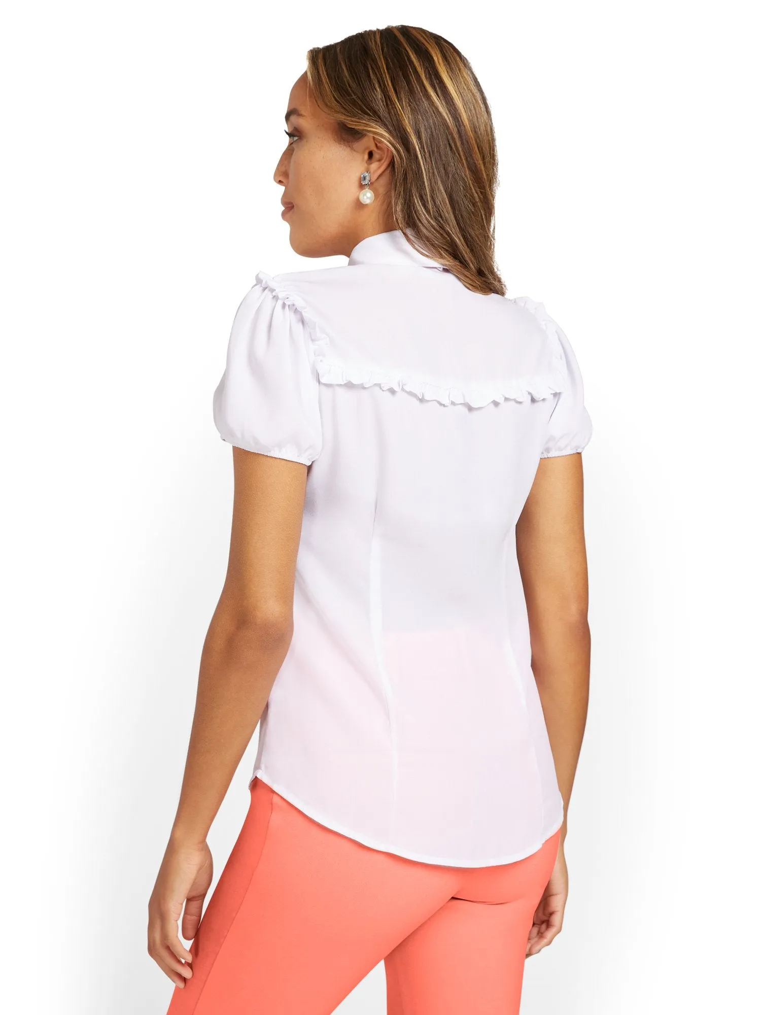 Ruffle-Contrast Bow-Neck Blouse