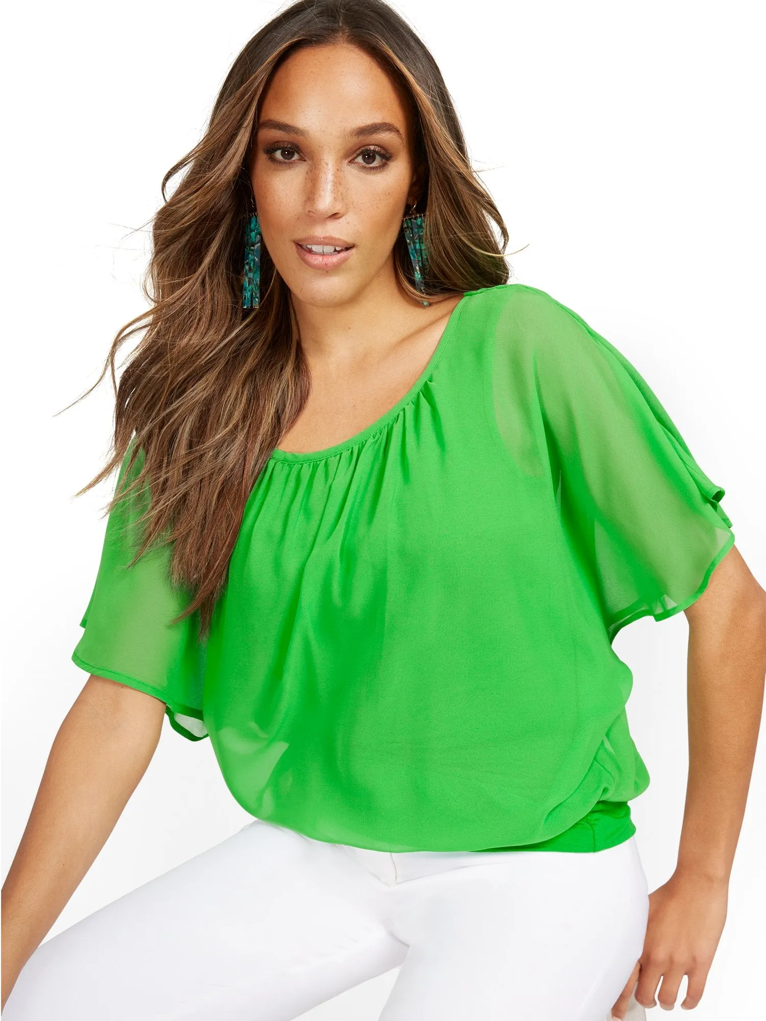 Semi-Sheer Flutter Dolman-Sleeve Top