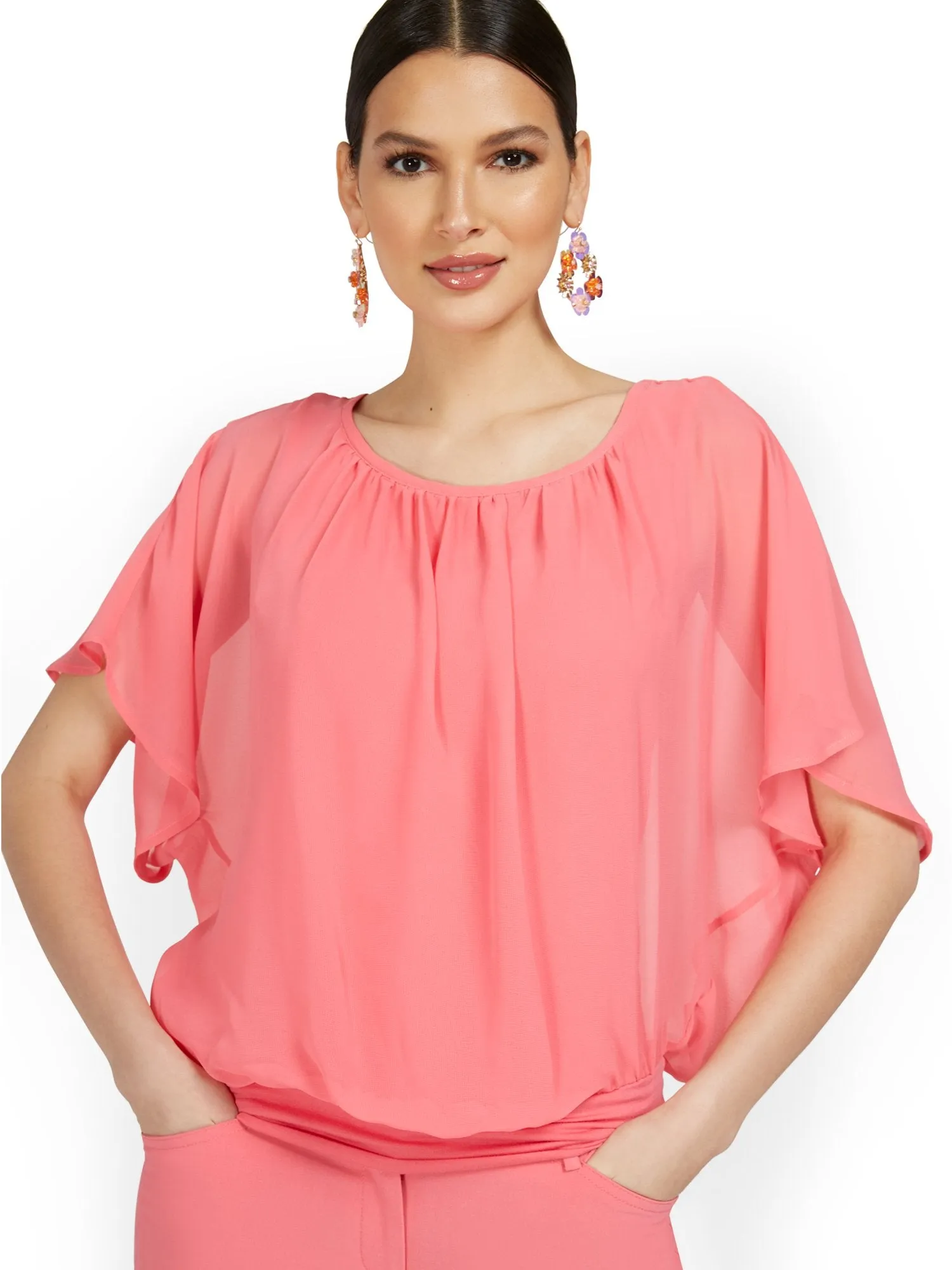 Semi-Sheer Flutter Dolman-Sleeve Top