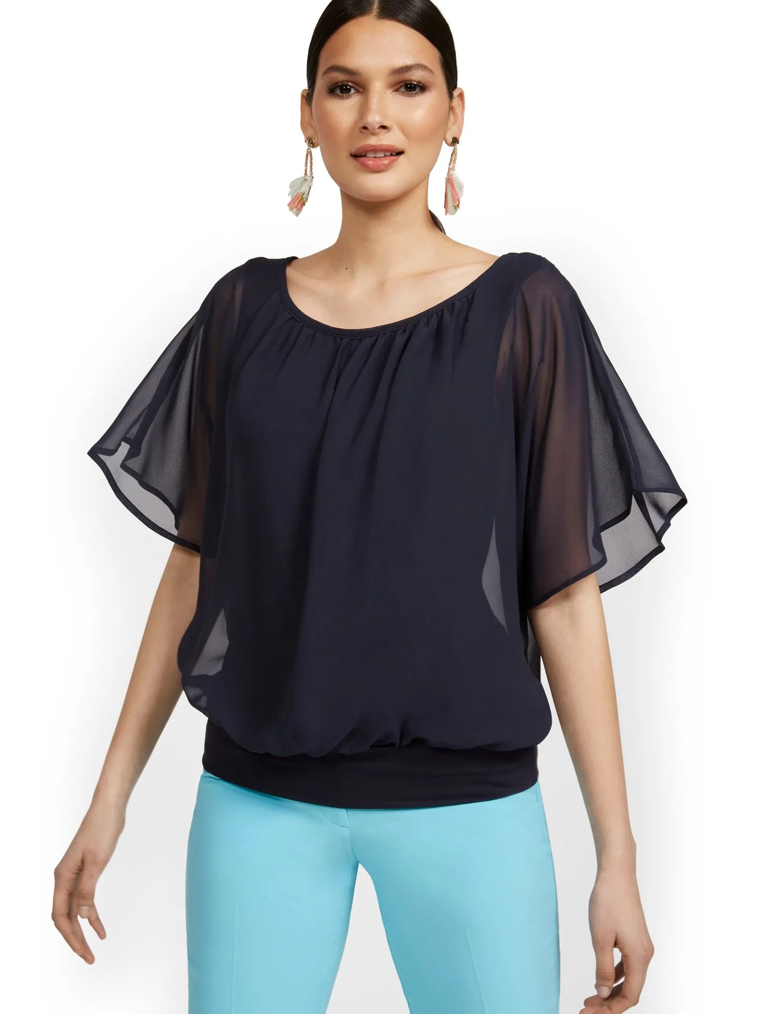 Semi-Sheer Flutter Dolman-Sleeve Top