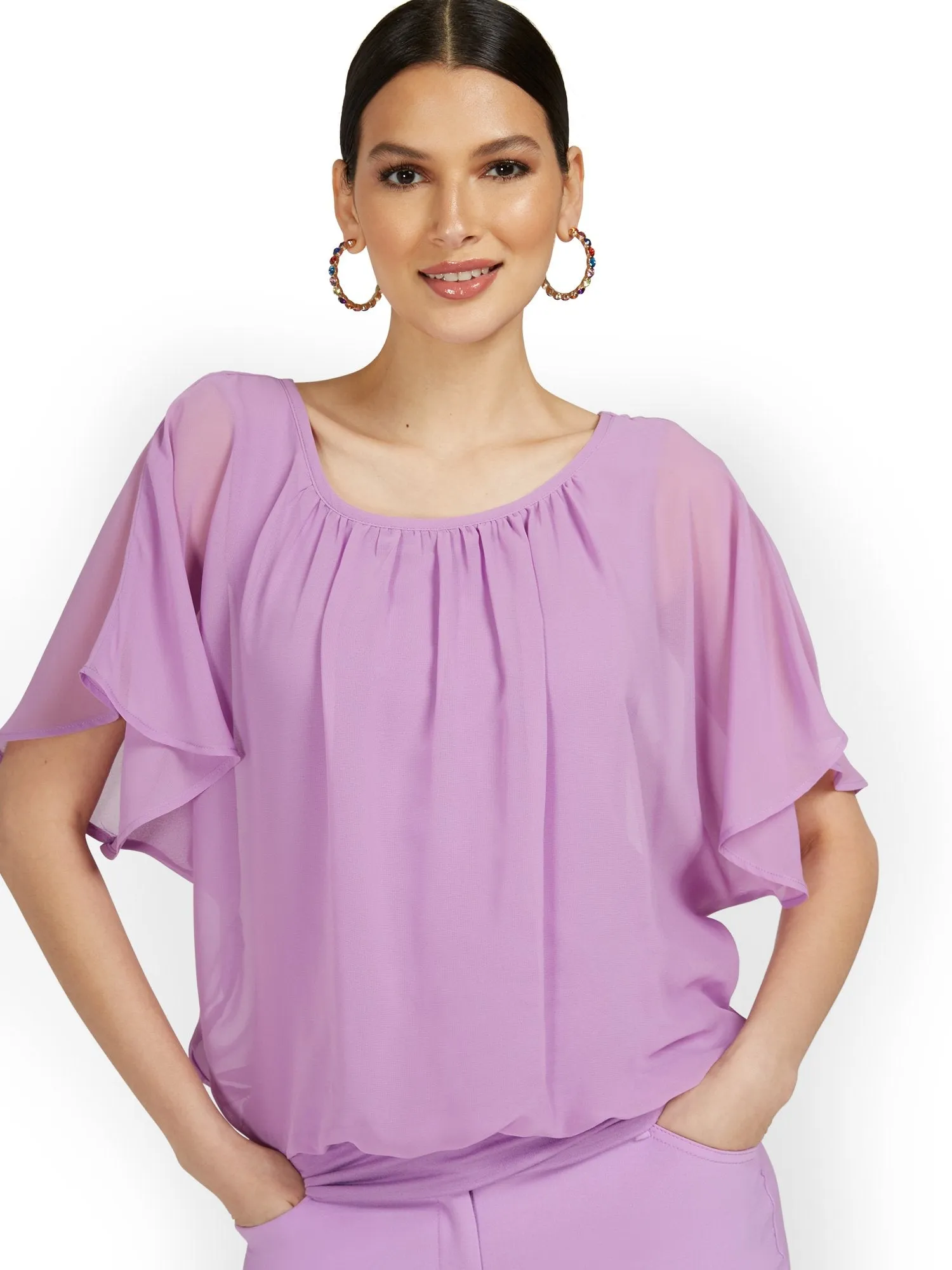 Semi-Sheer Flutter Dolman-Sleeve Top