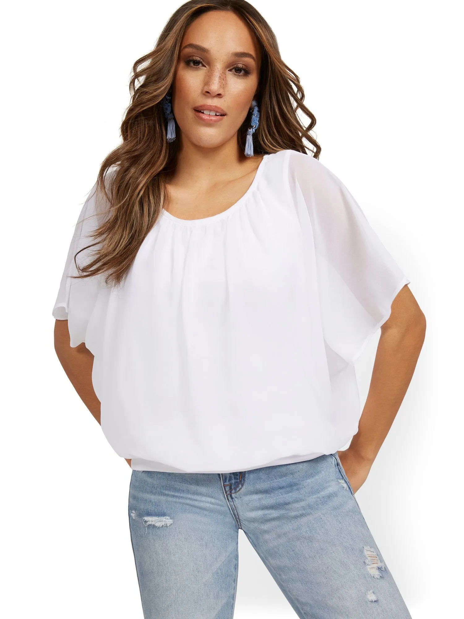 Semi-Sheer Flutter Dolman-Sleeve Top