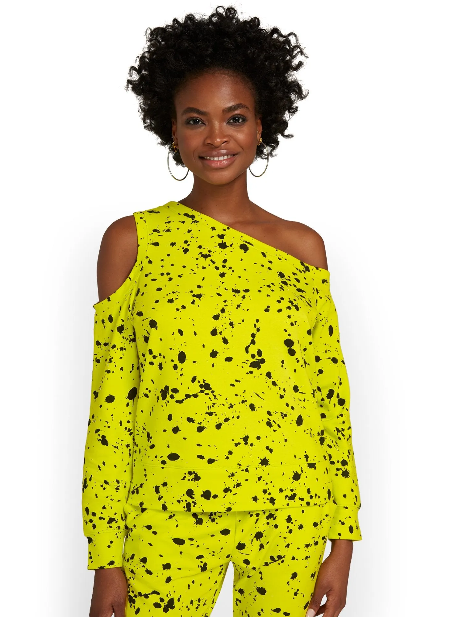 Splatter-Print Asymmetric Cold-Shoulder French Terry Pullover