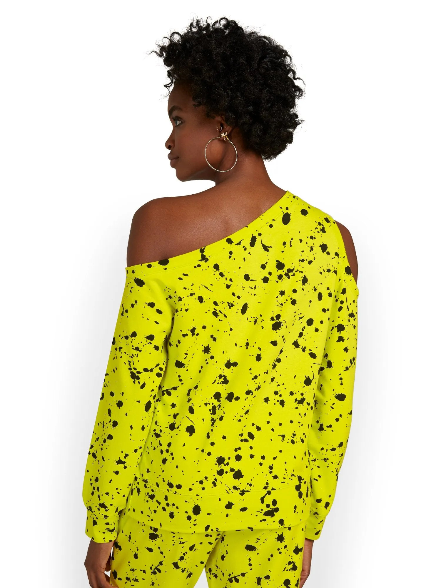 Splatter-Print Asymmetric Cold-Shoulder French Terry Pullover