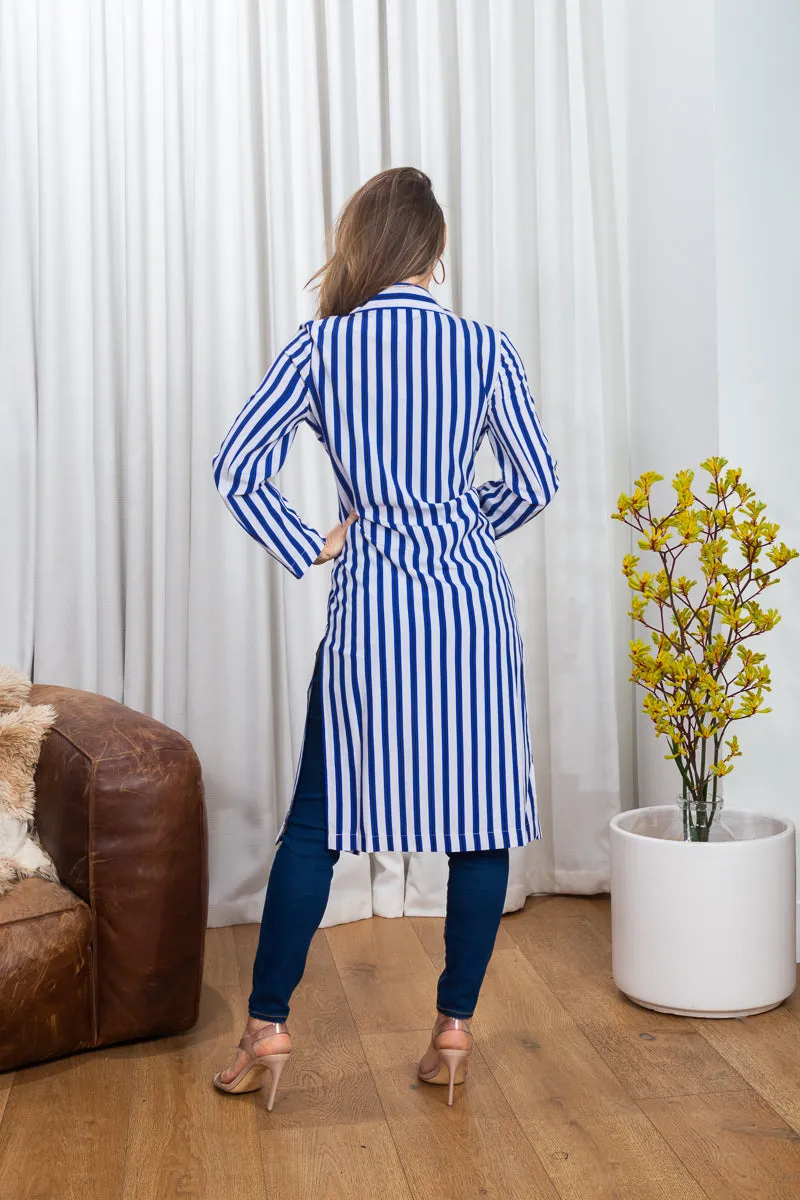 Striped Long Sleeve Open Front Classic Shirt Style Duster with Thigh High Slits, Spread Collar & Lapel (185149)