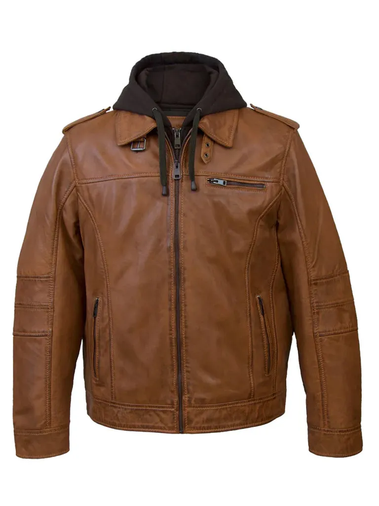 Tan Brown Hooded Leather Jacket