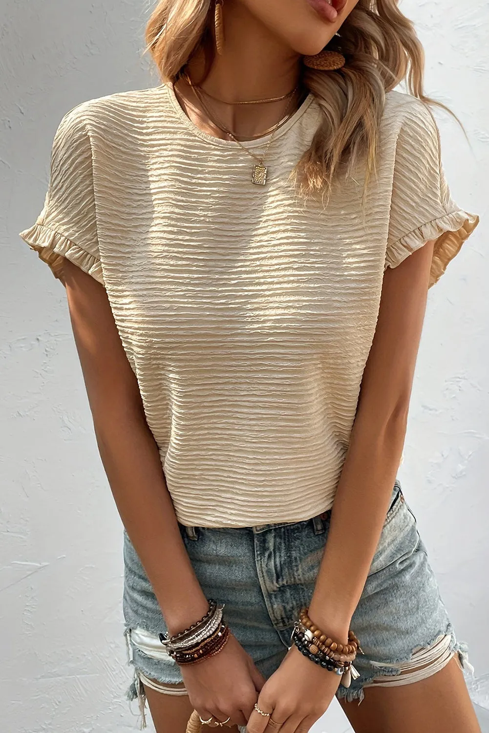 Textured Ruffle Short Sleeve Blouse