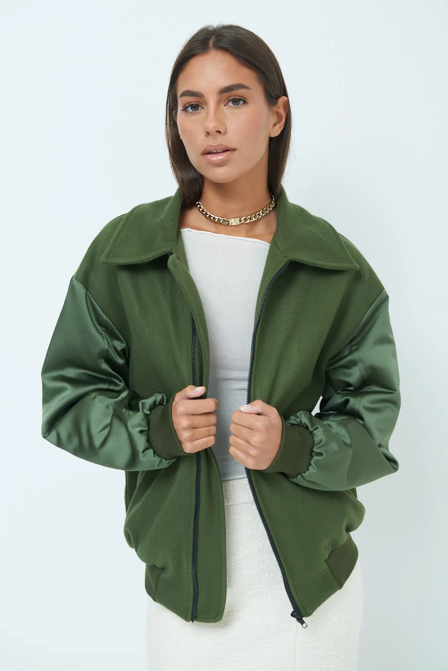 Trendy bomber jacket with mixed fabric sleeves wholesale