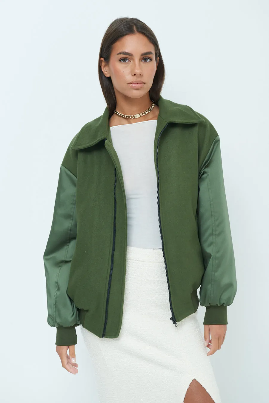 Trendy bomber jacket with mixed fabric sleeves wholesale