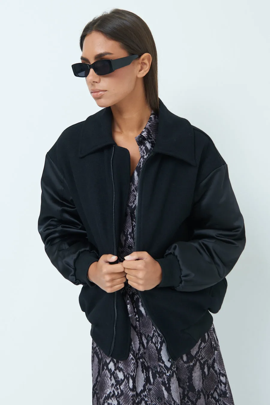 Trendy bomber jacket with mixed fabric sleeves wholesale