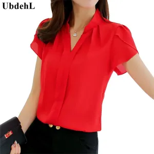 UbdehL Brand women body blouse shirt short sleeve V neck white red pink blue summer autumn female clothing korean work wear tops